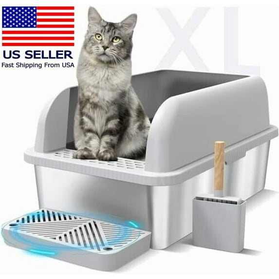 Enclosed Sides Stainless Steel Cat XL Litter Box Keep Litter In the Pan