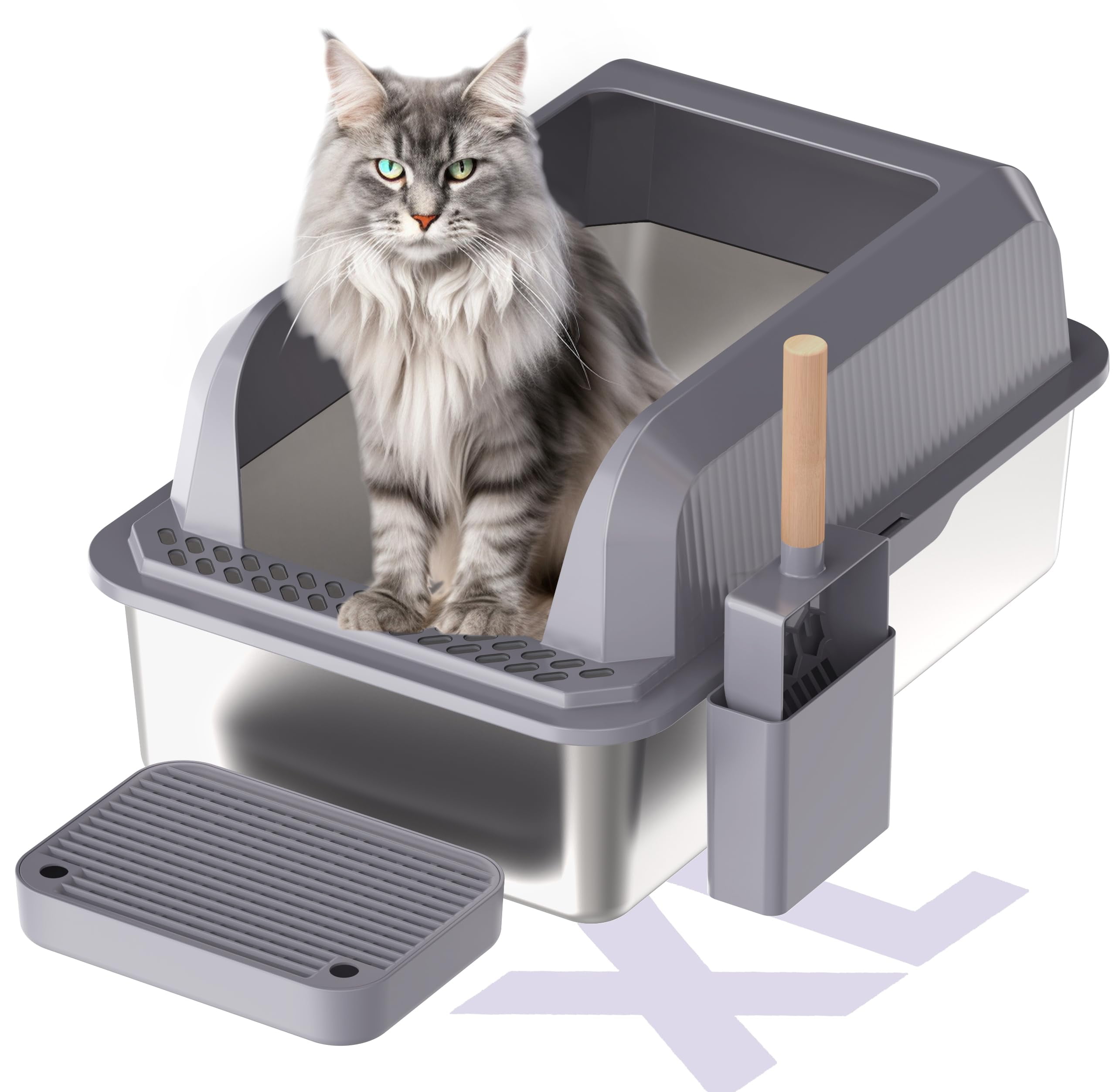 Enclosed XL Metal Litter Pan Tray Stainless Steel Cat Litter Box with Lid for Big Cats