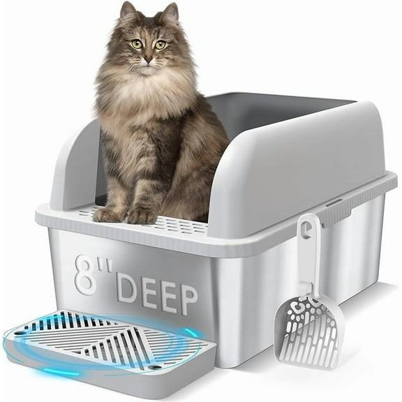 Enclosed Stainless Steel Cat Litter Box with Lid Extra Large Litter Box for Big Cats XL Metal Litter Pan Tray with High Wall Sides Enclosure, Non-Sticky, Anti-Leakage, Easy Cleaning