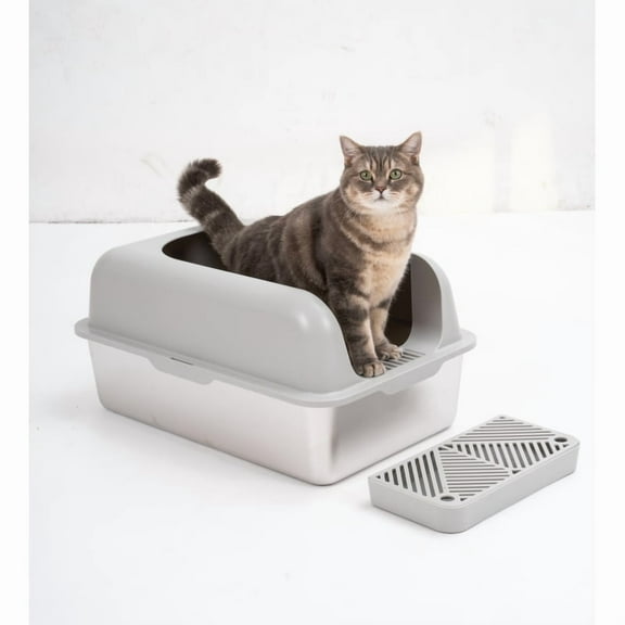 Enclosed Stainless Steel Cat Litter Box with Lid Extra Large, Litter Box for Big Cats XL Metal Litter Pan Tray with High Wall Sides Enclosure, Non-Sticky, Anti-Leakage, Easy Clean