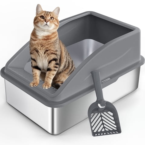 Extra Large Stainless Steel Cat Litter Box, Metal Litter Box with High Sides, XL Litter Boxes for Big Cats Multiple Cats, Include Scoop, Easy to Clean, Dark Gray