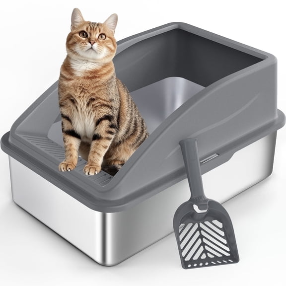 Extra Large Stainless Steel Cat Litter Box, Metal Litter Box with High Sides, XL Litter Boxes for Big Cats Multiple Cats, Include Scoop, Easy to Clean, Dark Gray