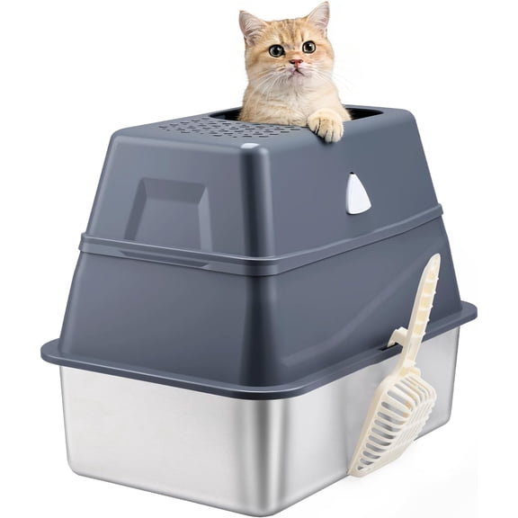 Enclosed Stainless Steel Cat Litter Box with Lid, Top Entry Design,Dog Proof,Protection for Cat Privacy, Includes Scoop, Suitable for Kitty&Medium (Grey)