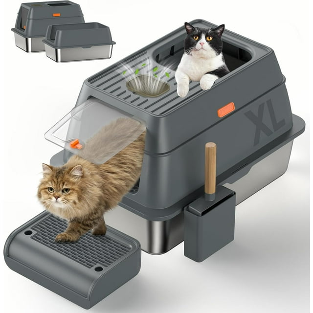 Enclosed Stainless Steel Cat Litter Box with Lid, XL Extra Large Litter