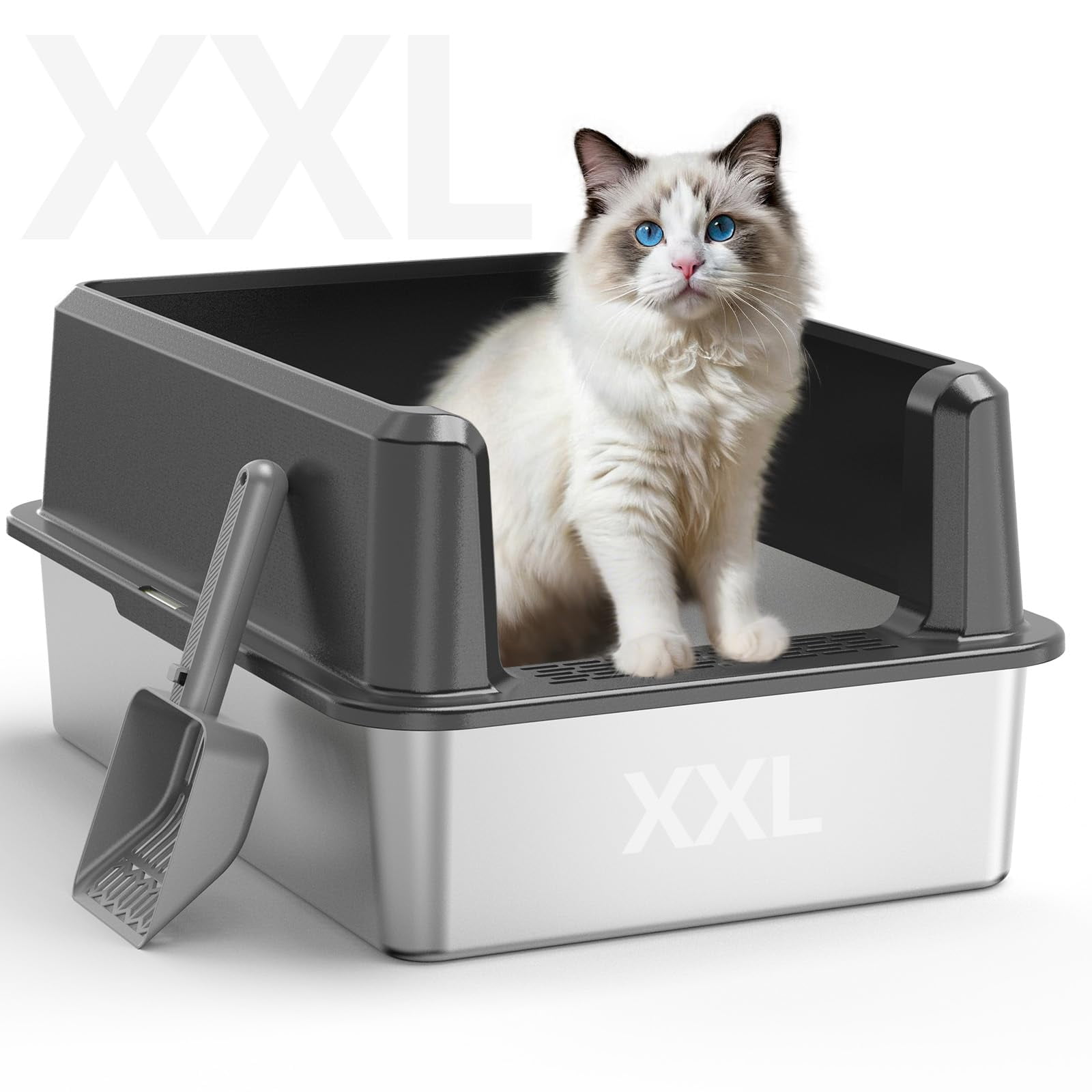 Enclosed Stainless Steel Cat Litter Box With Lid  Xl Extra Large For Big Cats Metal Pan High Sided Never Absorbs Odors Anti-urine Leakage Include Scoop (65-darkgray)