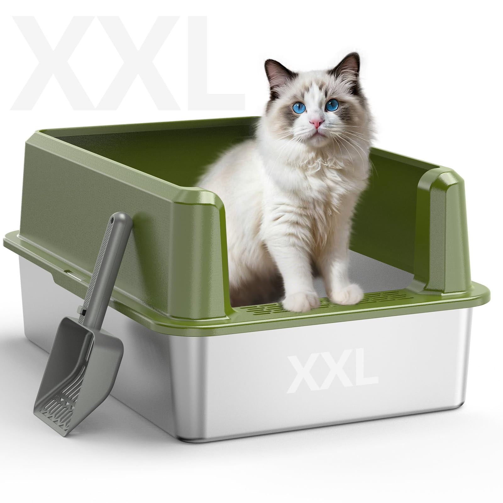 Enclosed Stainless Steel Cat Litter Box With Lid  Xl Extra Large For Big Cats Metal Pan High Sided Never Absorbs Odors Anti-urine Leakage Include Scoop (65-green)