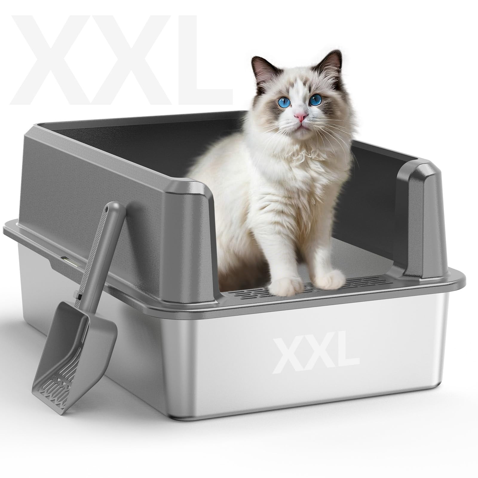Enclosed Stainless Steel Cat Litter Box With Lid  Xl Extra Large For Big Cats Metal Pan High Sided Never Absorbs Odors Anti-urine Leakage Include Scoop (65-lightgray)