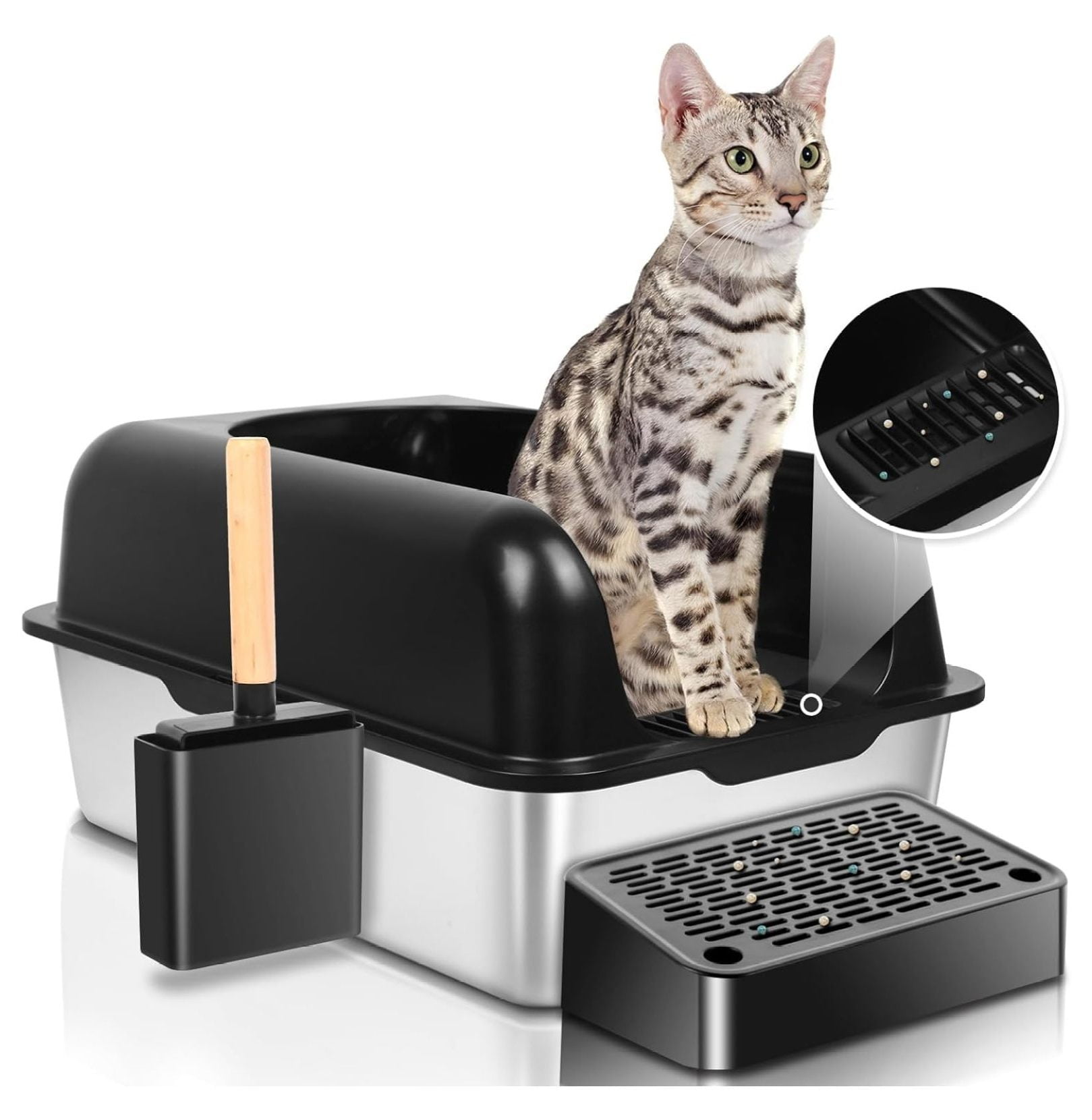 Enclosed Stainless Steel Cat Litter Box with Scroop&High Wall Extra