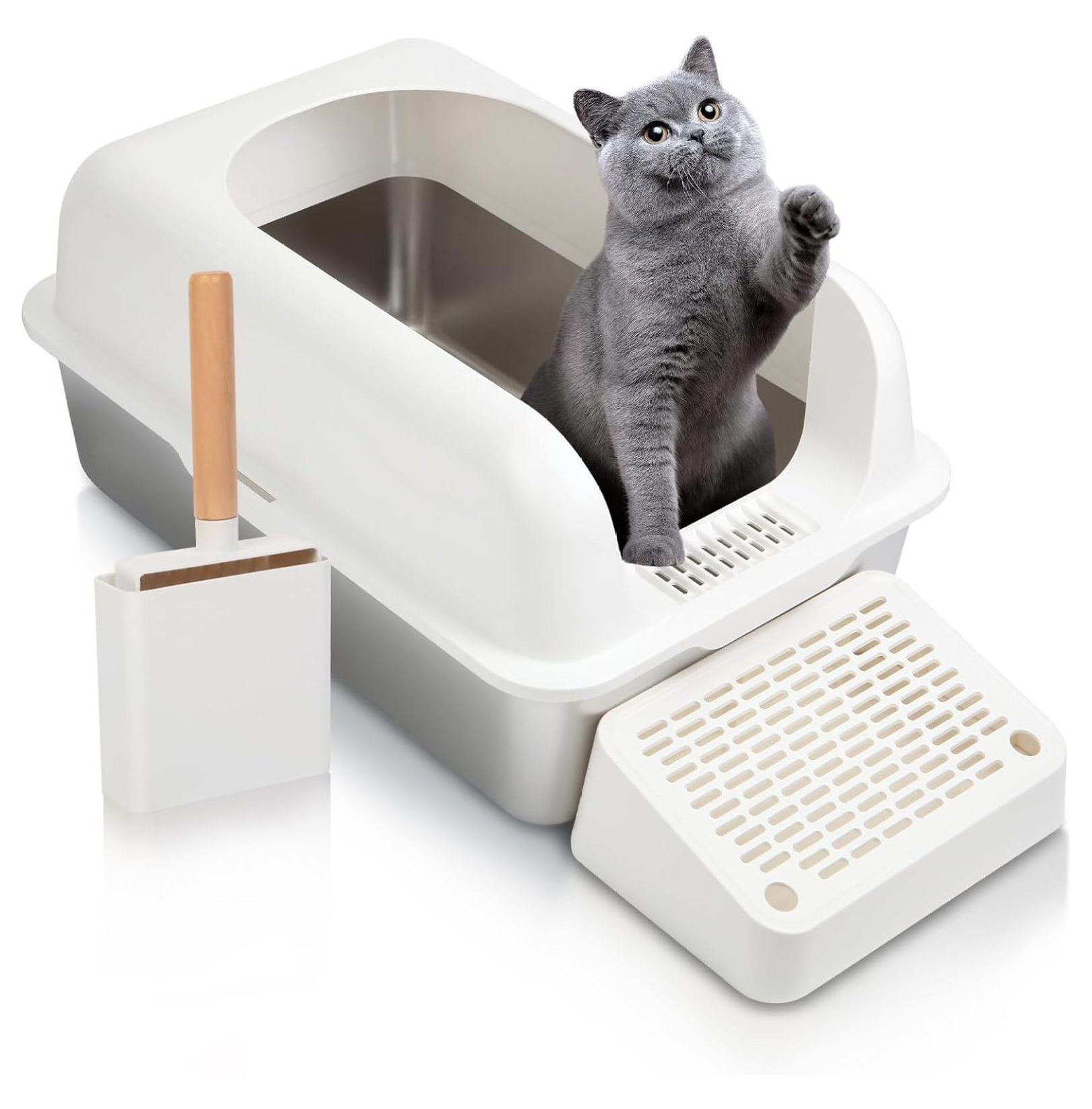 Enclosed Stainless Steel Cat Litter Box with Scroop&High Wall Extra