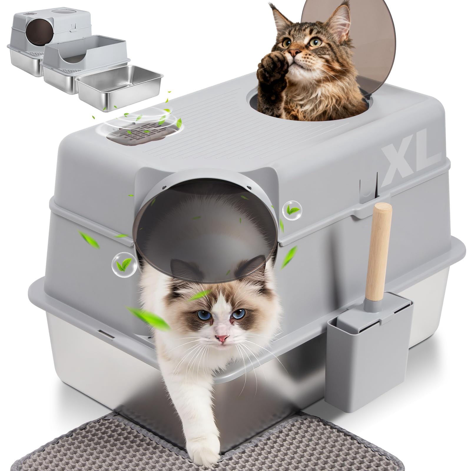 Enclosed Stainless Steel Cat Litter Box With Lid  Xl Large Metal Odor-free/anti-leakage & Non-stick/easy Clean High Sided Mat Scoop For Big Cats