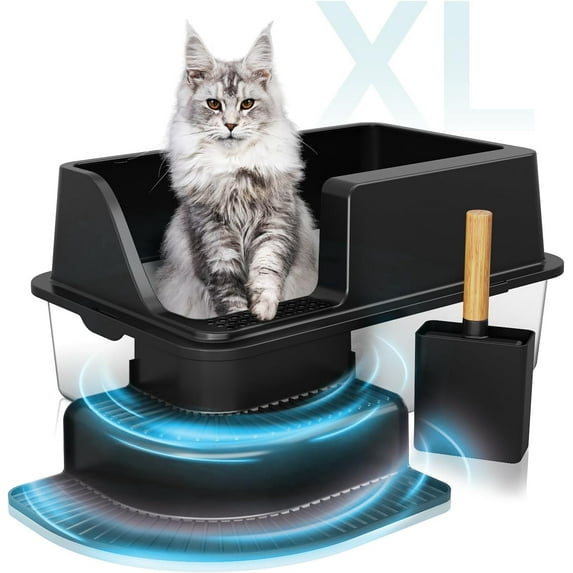 Enclosed Stainless Steel Cat Litter Box, XL Extra Large Stainless Steel Litter Box for Big Cats, High Sides Metal Litter Box with Lid, Anti-Leakage, Easy Cleaning, Odor-Resistant, with Scoop-Black