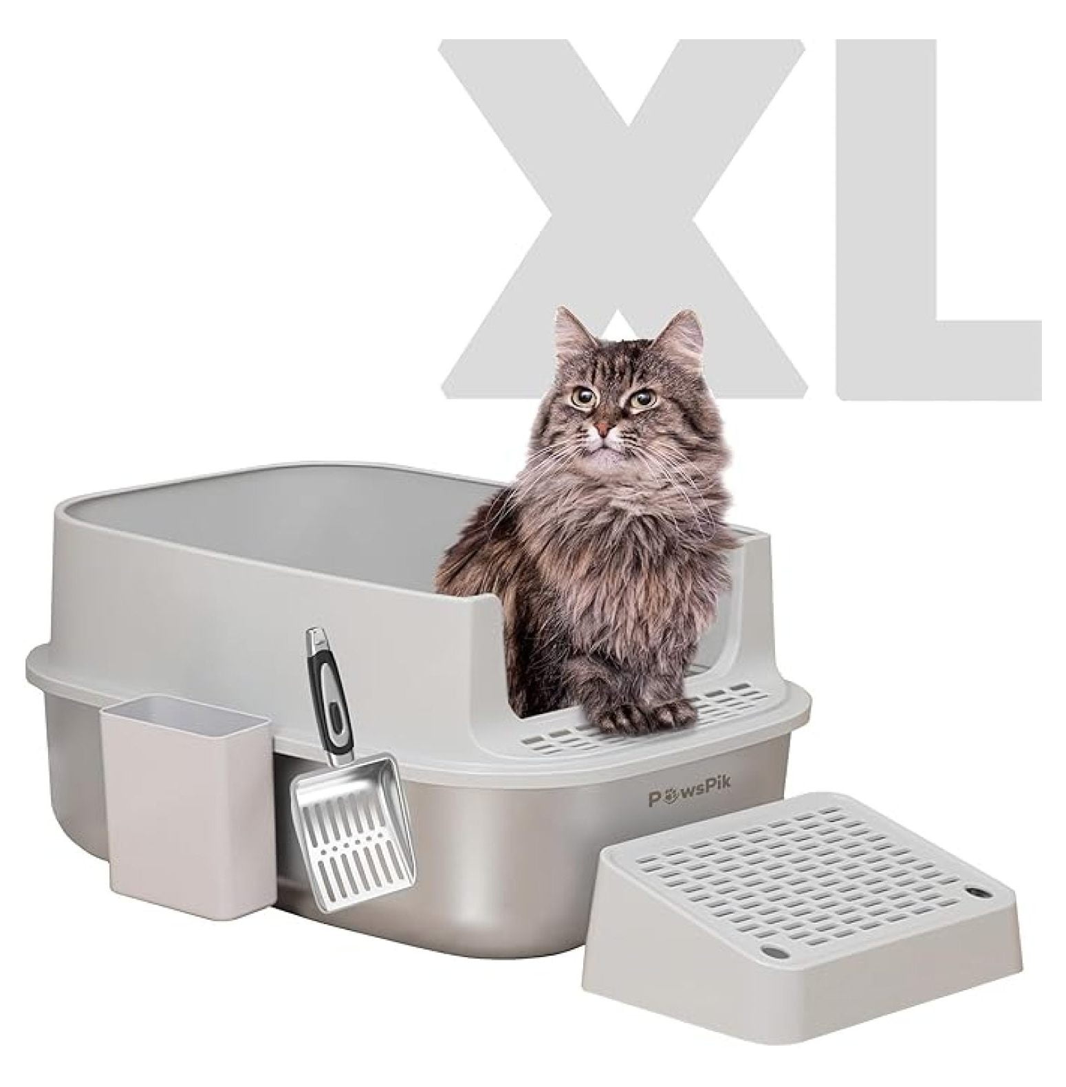 Enclosed XL Stainless Steel Litter Box with high Wall Sides, Leak-Resistant, Easy Cleaning, with Lid, Step, and Metal Scooper (Light Gray)