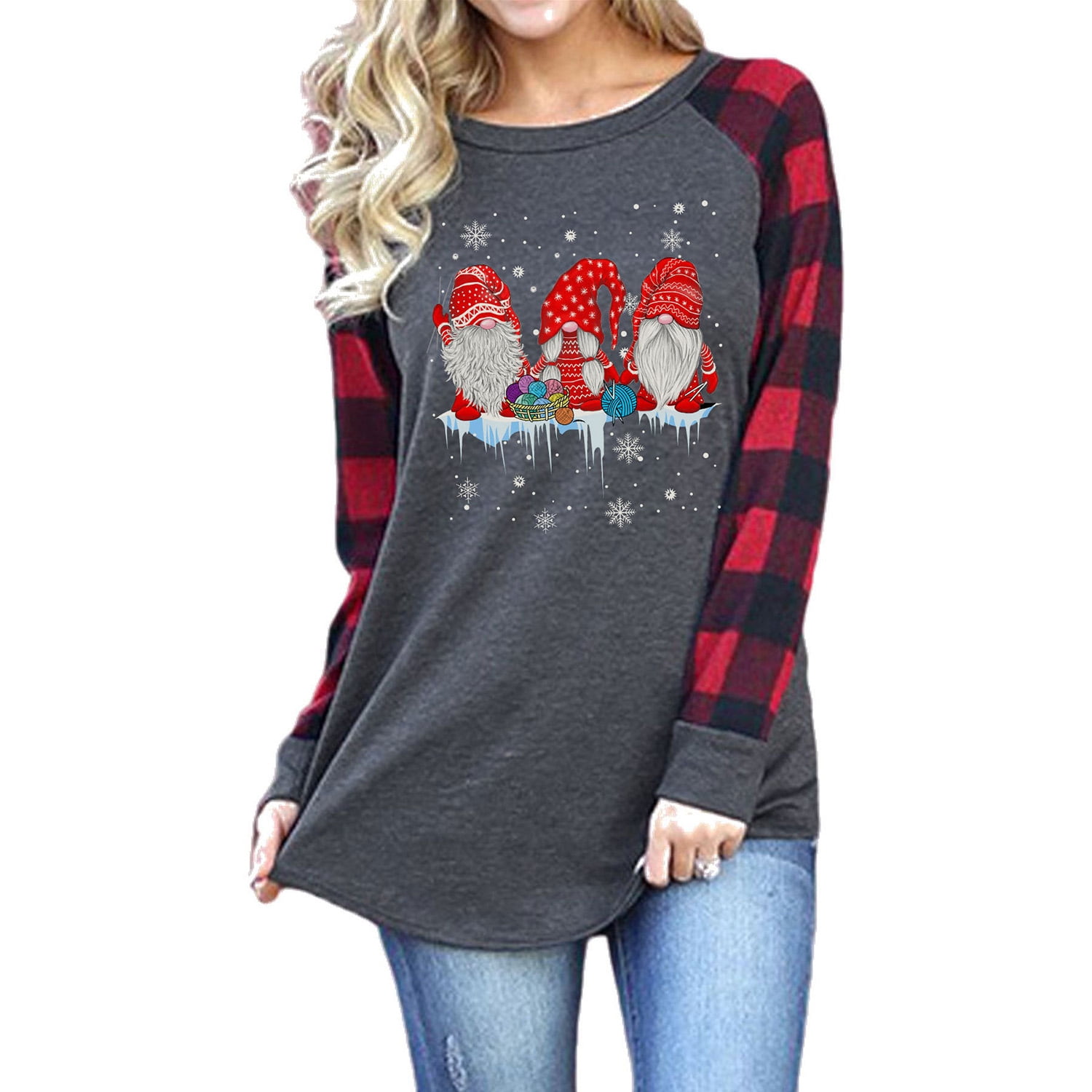 Encolax Women Christmas T-Shirt Plaid Splicing Raglan Long Sleeve ...