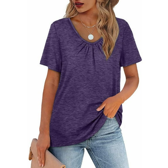 Encolax Women's Shirred V-Neck T-Shirts Short-Sleeve Casual Summer Tops Purple XXL