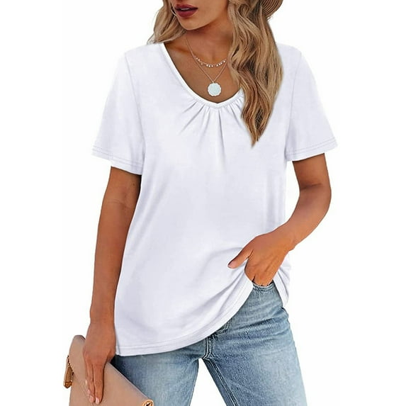 Encolax Women's Shirred V-Neck T-Shirts Short-Sleeve Casual Summer Tops White M