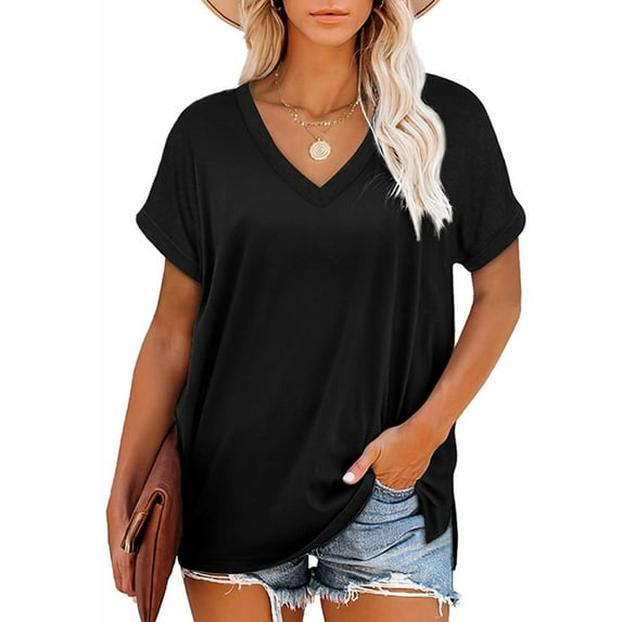 Encolax Womens Rolled Short Sleeve V Neck Loose Fit T Shirts Side Split Tops Black S
