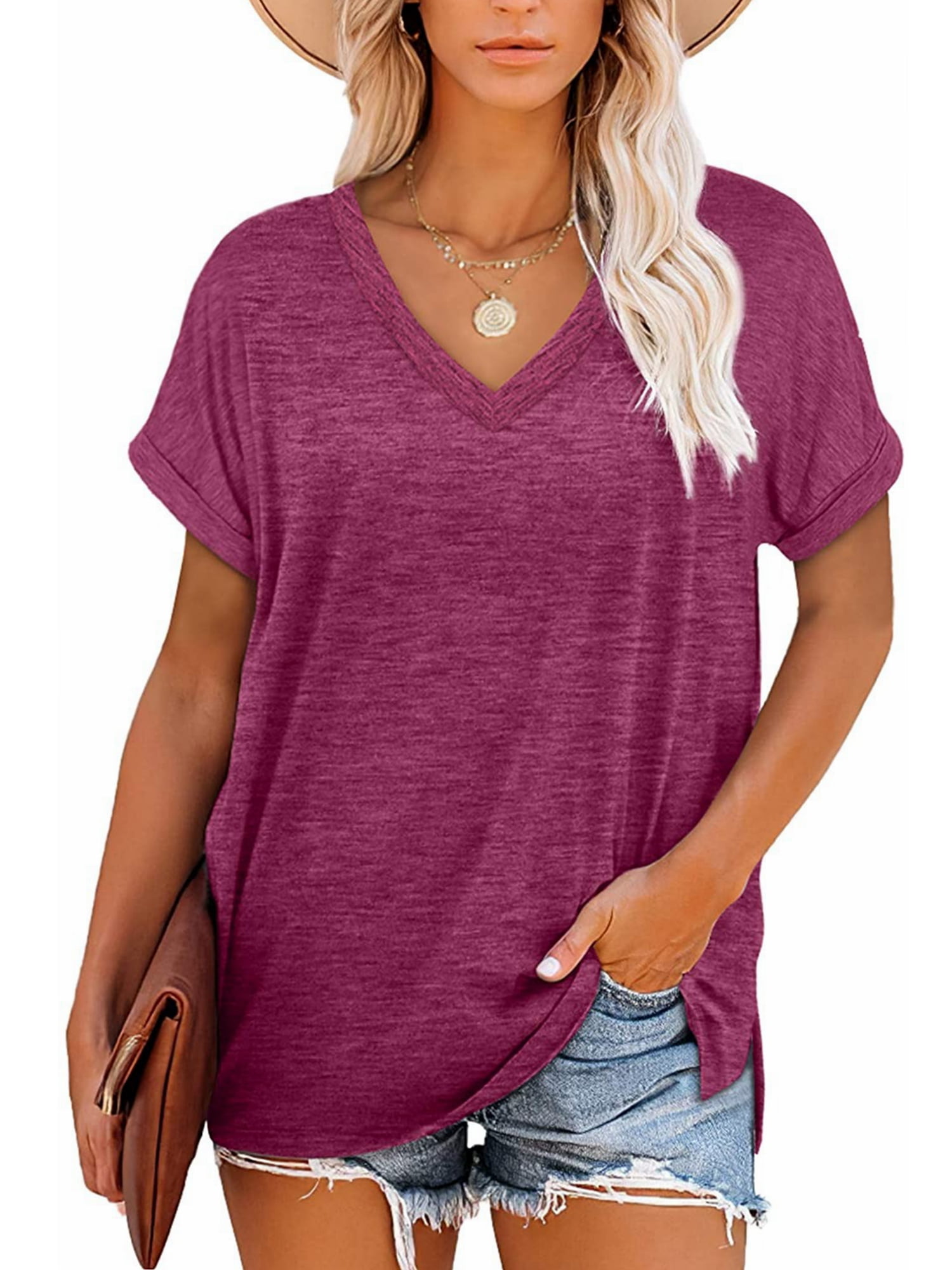Encolax Womens Rolled Short Sleeve V Neck Loose Fit T Shirts Side Split ...