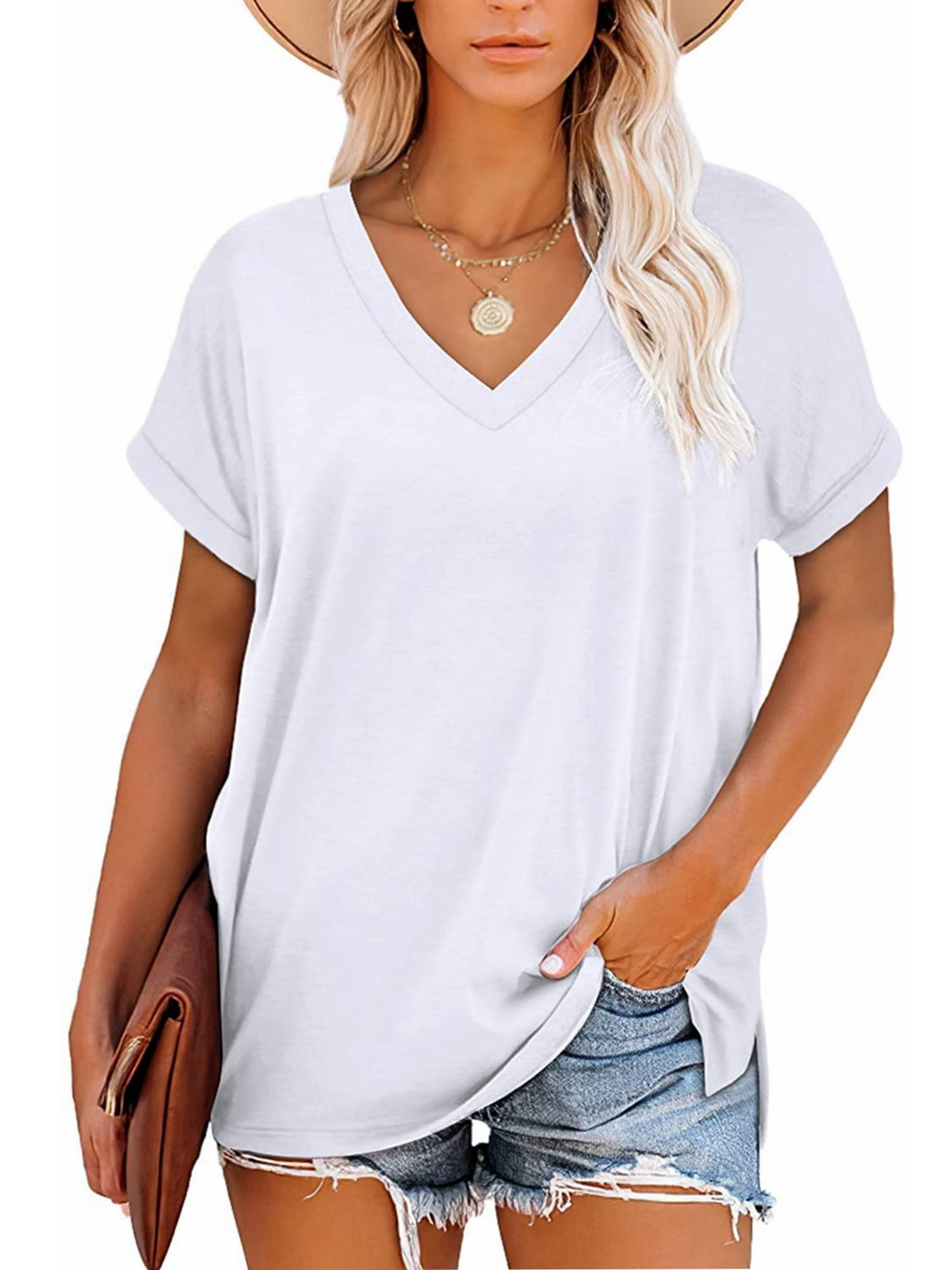 Encolax Womens Rolled Short Sleeve V Neck Loose Fit T Shirts Side Split ...