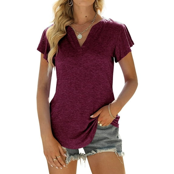 Encolax Womens Summer V Neck T Shirt Ruffle Short Sleeve Tunic Blouses Maroon L