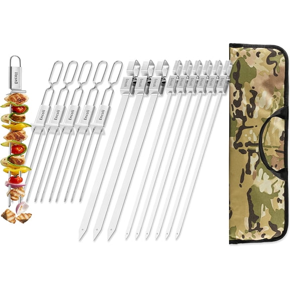 Encoli Kabob Grill Skewers - 304 Stainless Steel Shish kebob Sticks With Silder - Resuable Flat BBQ Skewers Set With Storage Bag - 17.7 Single And 13" Double Pronged (15 Pcs)