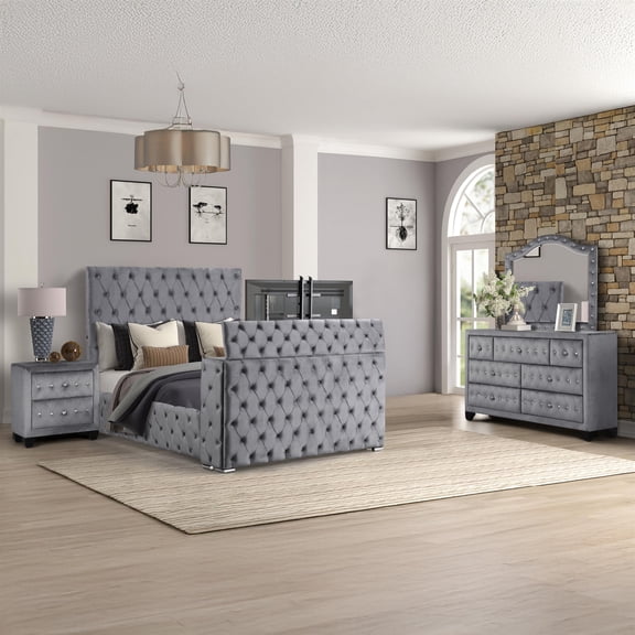 Encore 4PC King Bedroom Set including Manufactured Wood & Fireplace in Gray