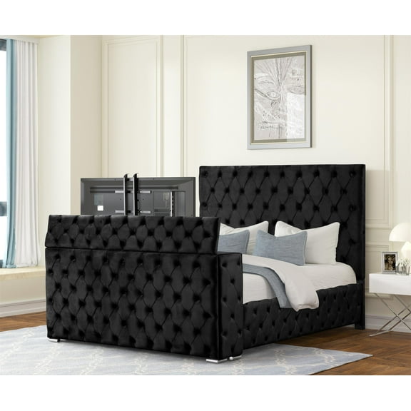 Encore King Bed with TV Storage and Fireplace in Black(TV NOT INCLUDED)