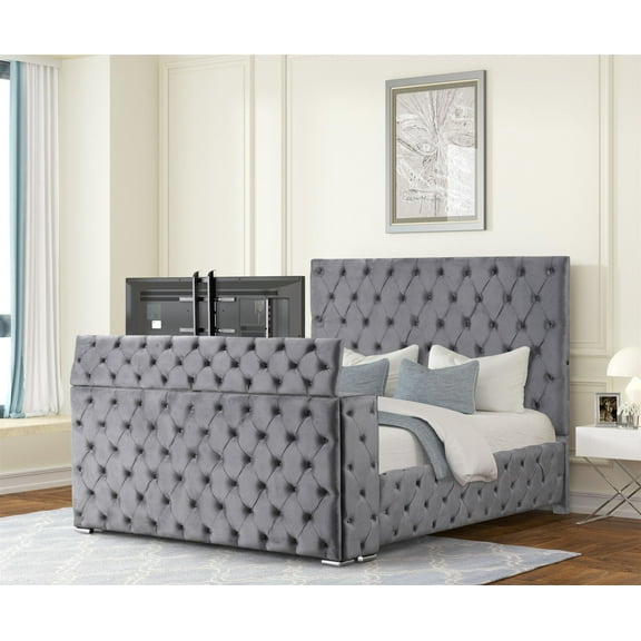 Encore King Bed with TV Storage and Fireplace in Gray(TV NOT INCLUDED)
