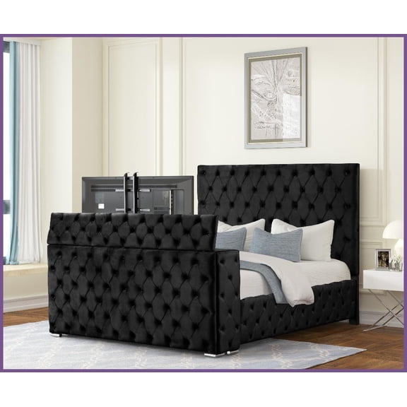 Encore King Size Solid & Manufactured Wood Tufted Bed with 50-Inch TV Storage & Electric Fireplace Black for Master Bedroom