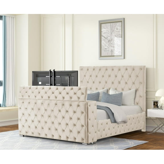 Encore Queen Bed with TV Storage and Fireplace in Beige(TV NOT INCLUDED)