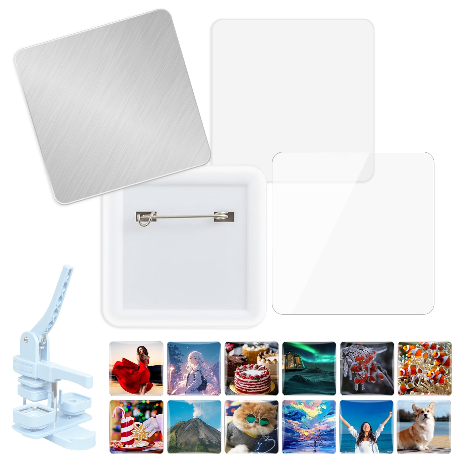 Encounter 100 Sets Square Button Making Supplies 2x2 Inch Badge Press ...