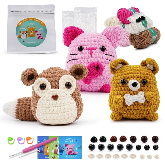 Encounter 3-Pack Beginner Crochet Kit for Animal Amigurumi, Complete Starter Set with Yarn and Video Tutorials