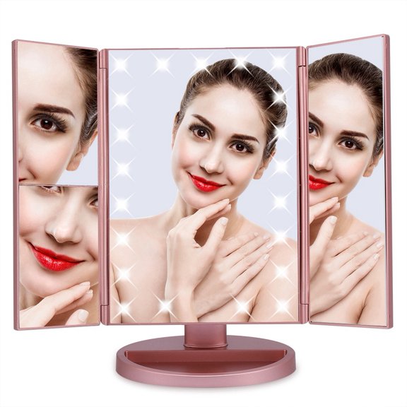 Encounter,Tri-Fold 21 LED Lights 2X 3X Magnification Touch Screen Desktop Makeup Mirror (Rose Gold)