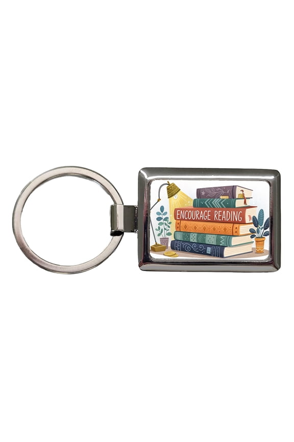 Encourage Reading Stack of Books Metal Rectangle Keychain