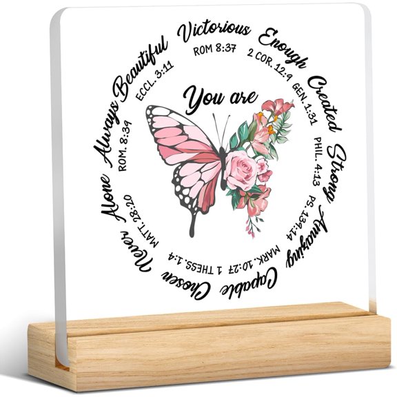 Encouragement Christian Gifts Religious Gift You are Capable Scriptures Clear Desk Decorative Sign Faith Flower Butterfly Acrylic Plaque With Wooden Stand 4x4 Inch Sign Home Desk Decor
