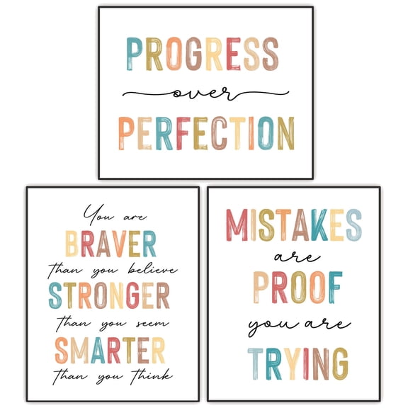 Encouragement Quote for Kids, Unframed Motivational Print Set, Boho Classroom Decor, Progress Over Perfection, Growth Mindset, A. A. Milne Winnie the Pooh Quote Poster Set of 3 (8"x10")