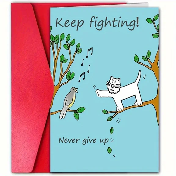 Encouraging Greeting Card - "Keep Fighting!" Cat and Bird Design - Blank Inside with Red Envelope - Perfect for Support, Motivation, and Uplifting Messages