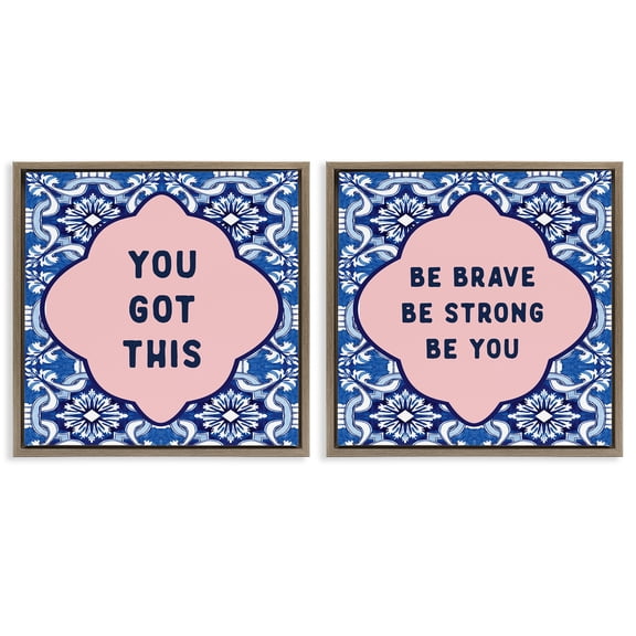 Stupell Industries Encouraging Words on Boho 2 Piece Brown Framed Floater Canvas Set, design by Lettered and Lined, 25 x 25