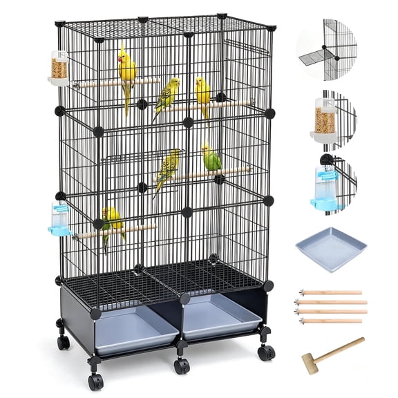 46" Rolling Bird Cage with Double Doors, Slide-Out Tray, 4 Wooden Perches & Feeder Safe, Bird Cages for Parakeets, Cockatiels, Lovebirds & Small Parrots