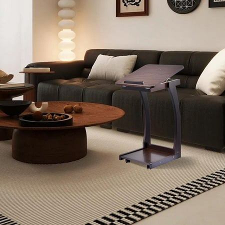 End Accent Table, C Shaped Solid Wood End Table with Wheels Maximum load 60 lbs, Couch Table with 3 Adjustable Tilt Heights, Bedside Tables for Home, Small Space, Bedroom