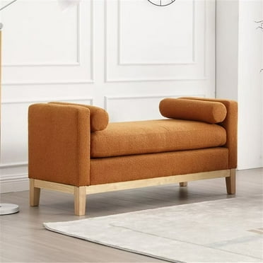 Triple Tree Boucle Fabric Bed Bench with Wood Legs, Bolster Pillows, and Rolled Arm, Caramel