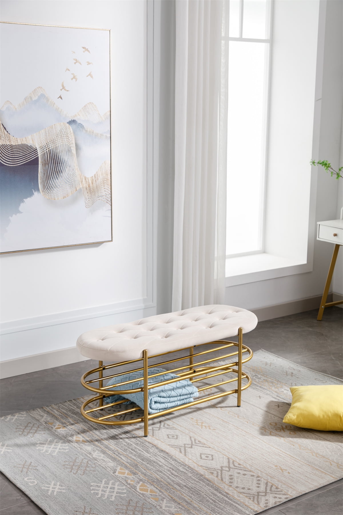 End of Bed Bench,Living Room Bench with 2Tier Golden Shoe Shelves