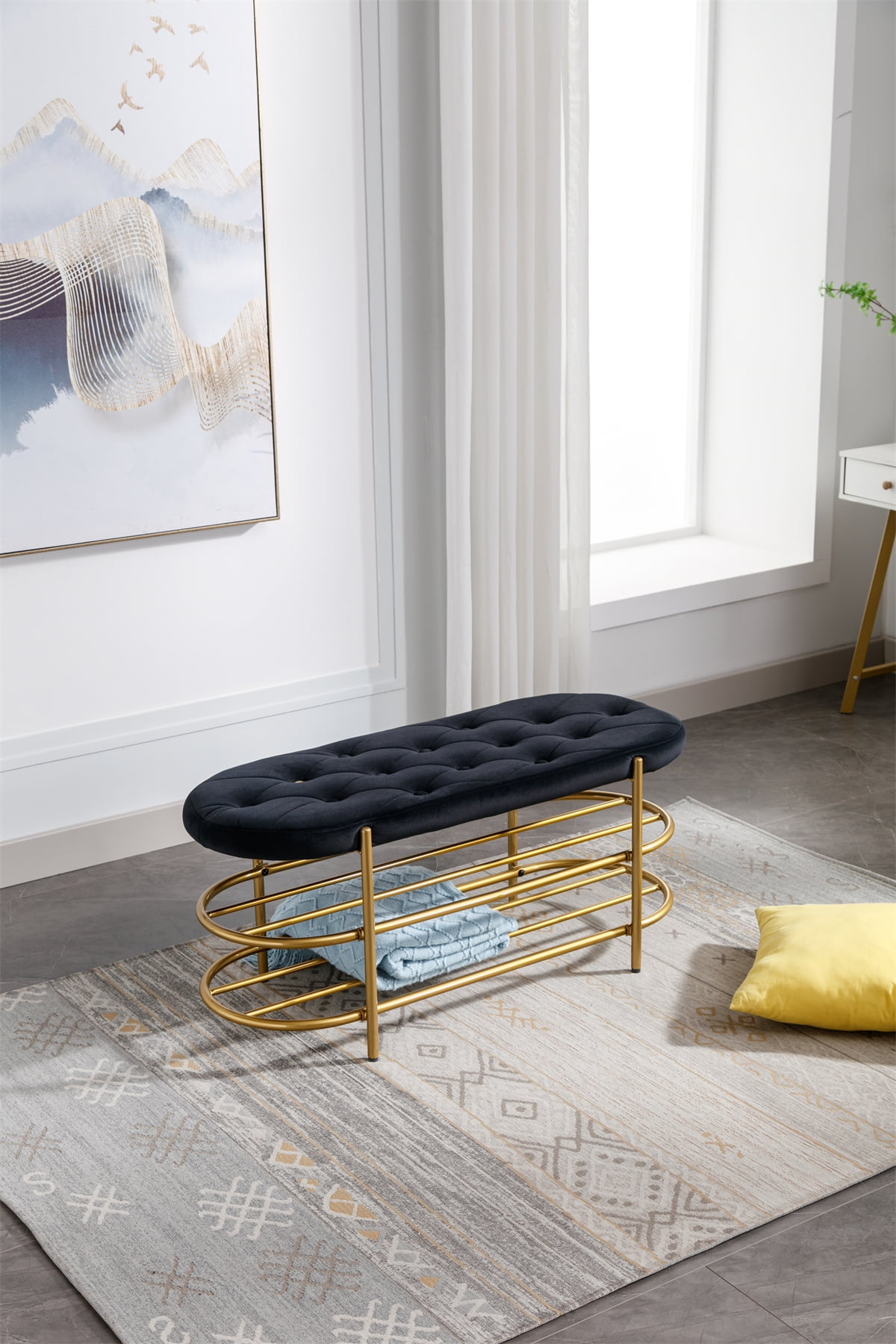 End of Bed Bench,Living Room Bench with 2Tier Golden Shoe Shelves