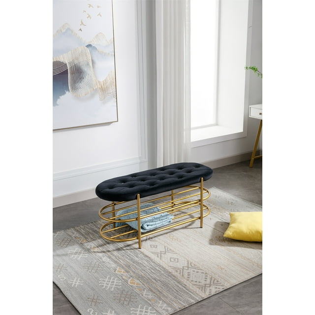 End of Bed Bench,Living Room Bench with 2Tier Golden Shoe Shelves