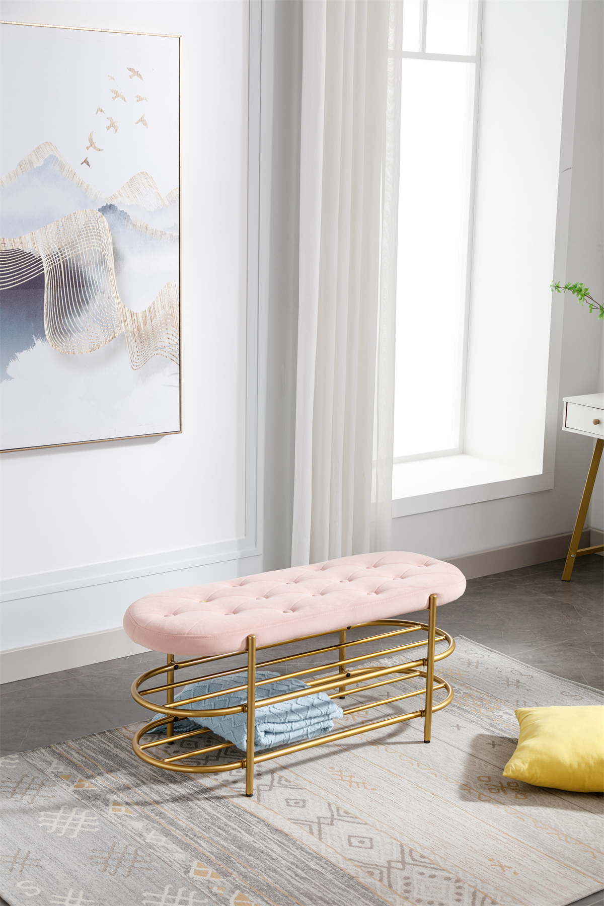 End of Bed Bench,Living Room Bench with 2Tier Golden Shoe Shelves