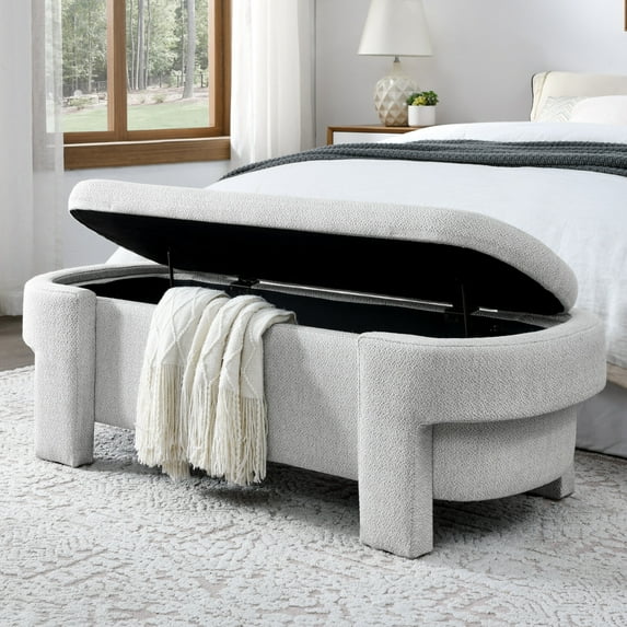 End of Bed Ottoman Bench, 51.5" Linen Fabric Upholstered Storage Bench with Safety Hinges and Bottom Vent, Flip Top Foot Rest Entryway Bench for Living Room Bedroom, No Assembly, White