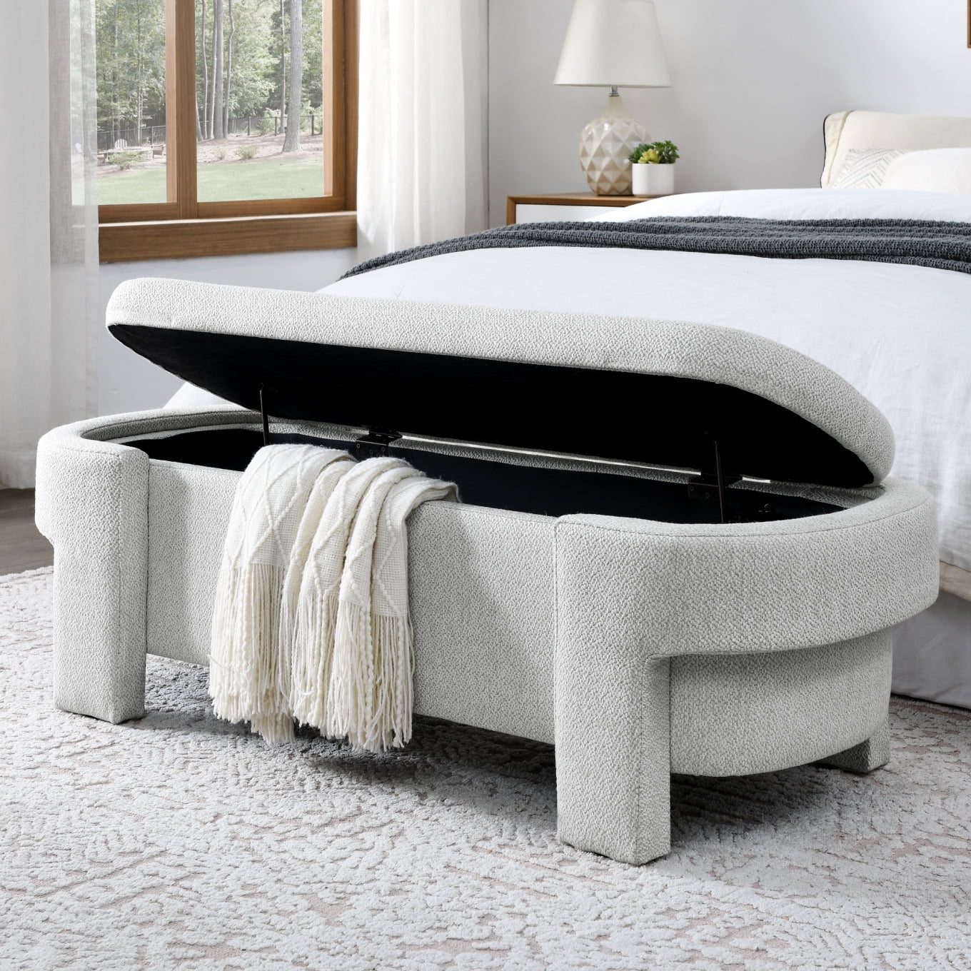 End of Bed Upholstery Seat Ottoman Bench 51.5 Linen Fabric Storage with Safety Hinges No Assembly White Walmart