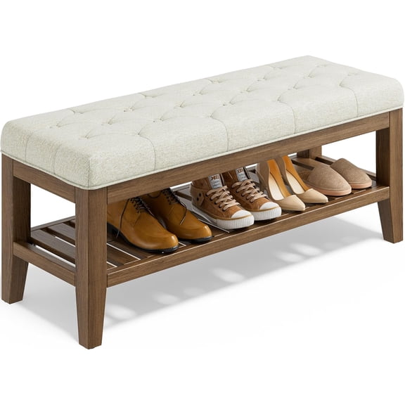End of Bed Storage Bench, 42.9" Entryway Shoe Bench with Solid Wood Shelf, Upholstered Ottoman with Padded Seat for Bedroom, Hallway and Living Room, Beige