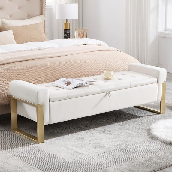 End of Bed Storage Bench, 67'' Benches for Bedroom Foot of Bed King Size, Morden Velvet Storage Ottoman Bench with Gold Legs for Windows Living Room, Cream