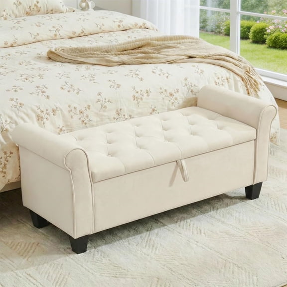 End of Bed Storage Bench for Bedroom, 49" Upholstered Storage Ottoman with Rolled Arms, Rivet Polyester Fabric Ottoman Bench for Bedroom, Living Room, Window, Entryway, Beige