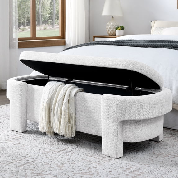 End of Bed Storage Bench, Upholstered Entryway Bed Bench with Sturdy Legs, Modern Indoor Accent Bench Foot of Bed Storage Ottoman Bench for Living Room, Bedroom, Hallway, White